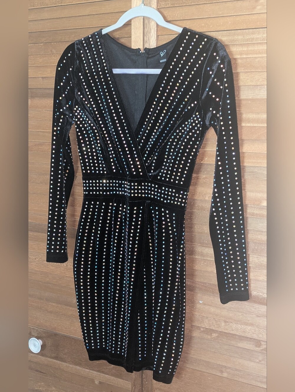🔥CLOSE OUT🔥Windsor Black Velvet Long-Sleeve Studded Wrap Dress